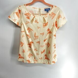 Modcloth cream tourist print short sleeve blouse womens xs